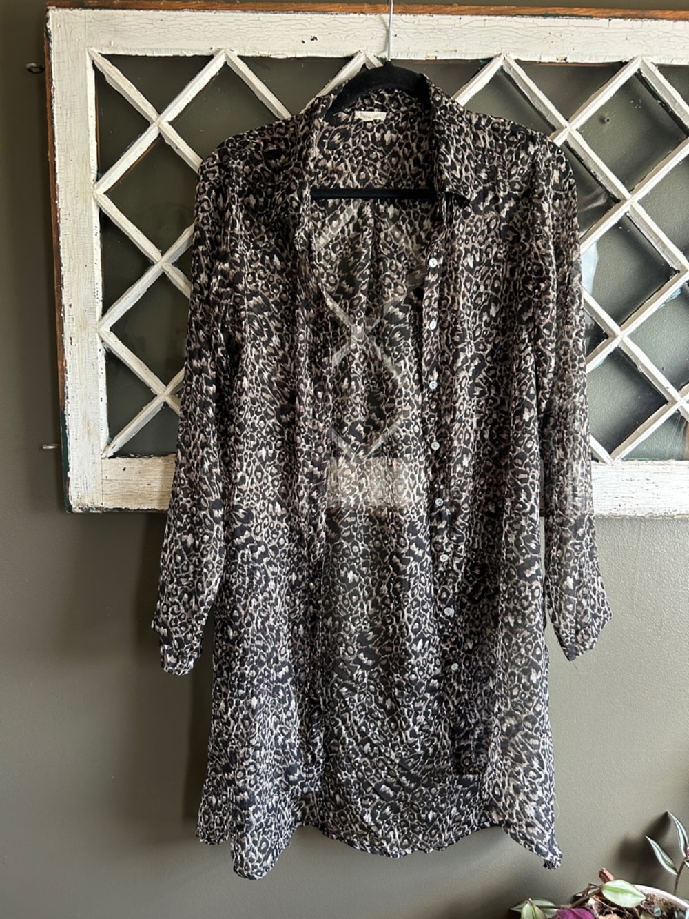 Sheer Leopard Print Button-Up Tunic - Black & Gray